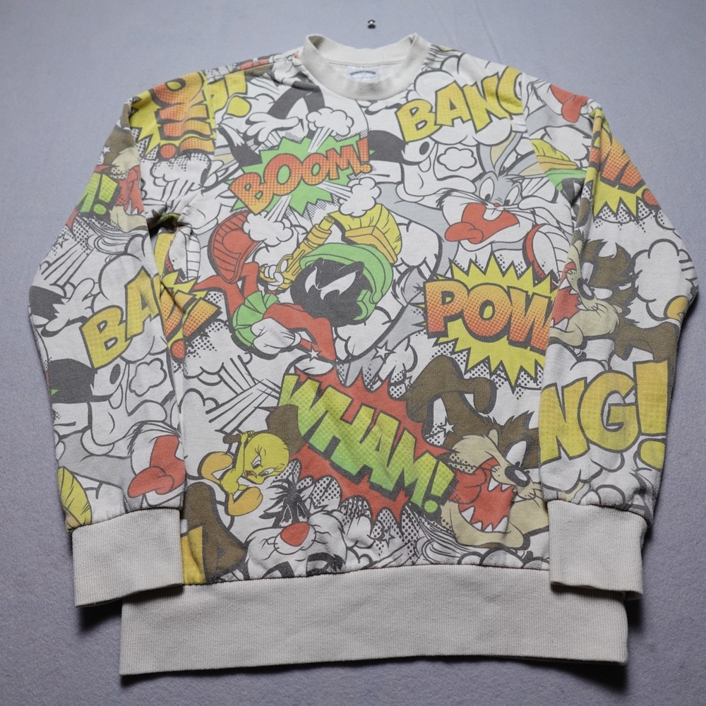 Looney Tunes Sweatshirt Mens Small Multicolor All Over Graphic Cartoon Bugs Taz